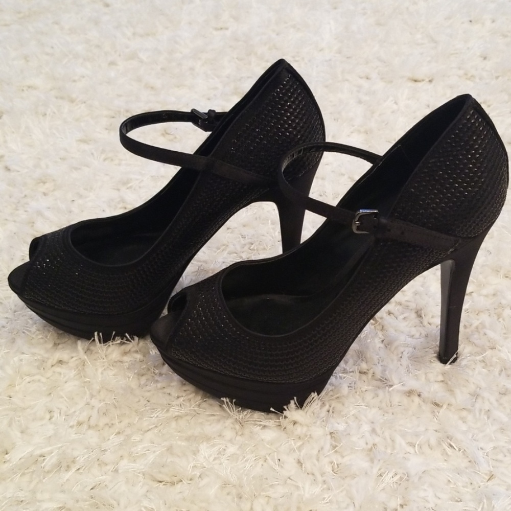 Adelia Black Sequin and Satin Platform Stilettos